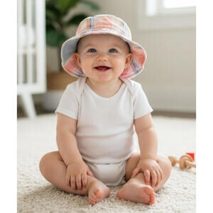 Osh Kosh Baby Girl Bucket Hat, 0-9 Months, Pink Plaid, Contrasting Lining, Ties